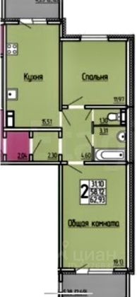 Продажа 2-комнатной квартиры 58,1 м², 5/10 этаж
