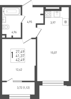 42,5 м², 1-комн. квартира, 1/9 этаж