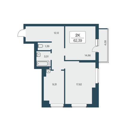 62,4 м², 2-комн. квартира, 2/27 этаж