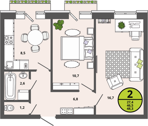 Продажа 2-комнатной квартиры 46,5 м², 2/3 этаж