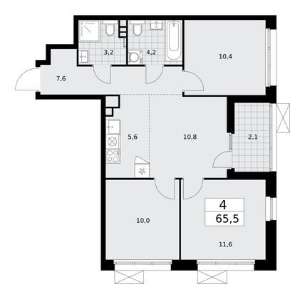 65,5 м², 4-комн. квартира, 10/15 этаж