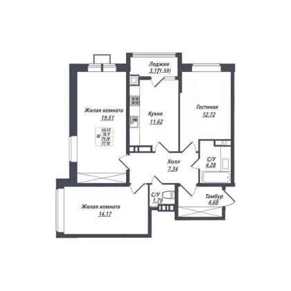 Продажа 3-комнатной квартиры 77,7 м², 6/8 этаж