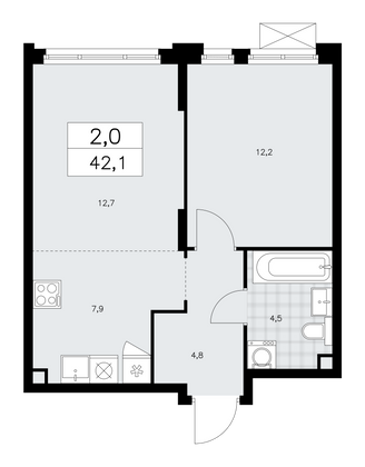 42,1 м², 2-комн. квартира, 2/16 этаж