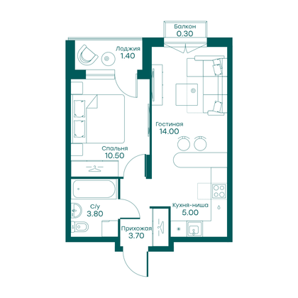 38,7 м², 2-комн. квартира, 6/6 этаж