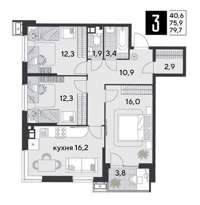 Продажа 3-комнатной квартиры 79,7 м², 5/18 этаж