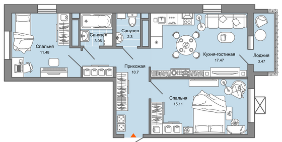 62 м², 3-комн. квартира, 5/6 этаж