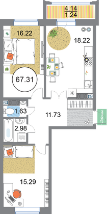 67,3 м², 2-комн. квартира, 12/12 этаж