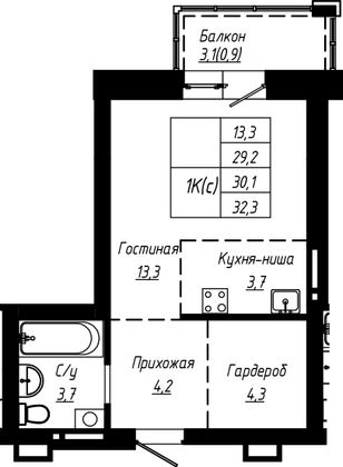 Продажа 1-комнатной квартиры 30,1 м², 15/16 этаж