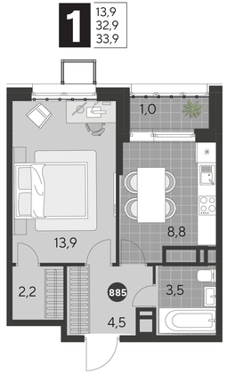 Продажа 1-комнатной квартиры 33,9 м², 7/21 этаж