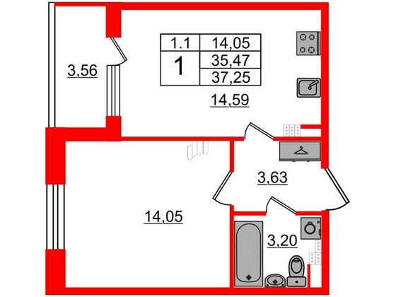 Продажа 1-комнатной квартиры 35,5 м², 4/5 этаж