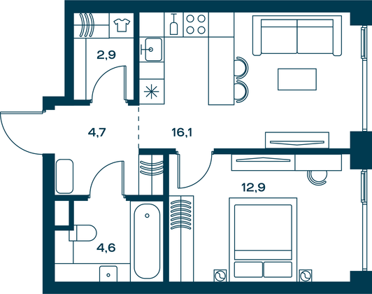 41,2 м², 1-комн. квартира, 22/29 этаж