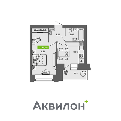 34,6 м², 1-комн. квартира, 6/9 этаж