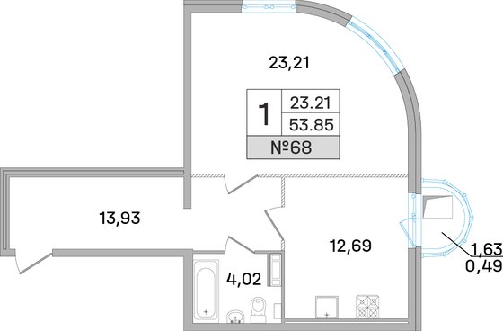 53,8 м², 1-комн. квартира, 16 этаж