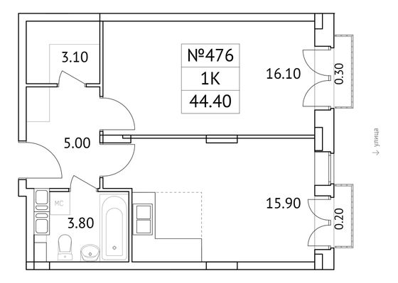 44,4 м², 1-комн. квартира, 3/11 этаж