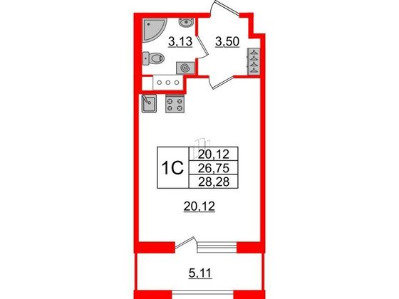 Продажа квартиры-студии 26,8 м², 10/12 этаж