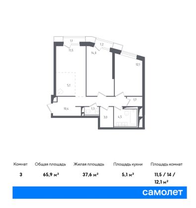 65,9 м², 2-комн. квартира, 6/30 этаж