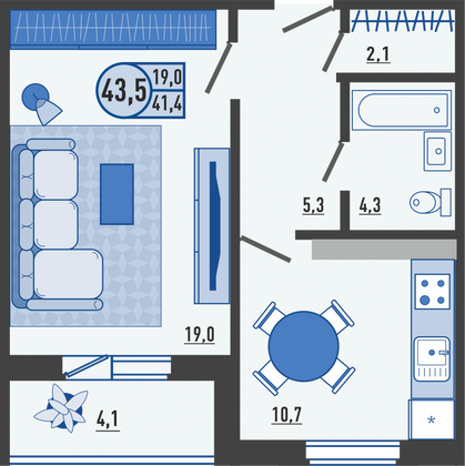 43,5 м², 1-комн. квартира, 2/16 этаж