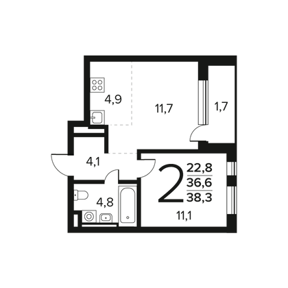 38,3 м², 2-комн. квартира, 2/9 этаж