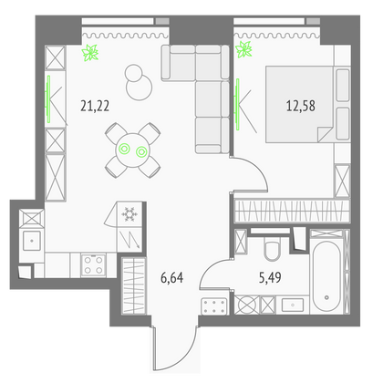 45,9 м², 1-комн. квартира, 45/57 этаж