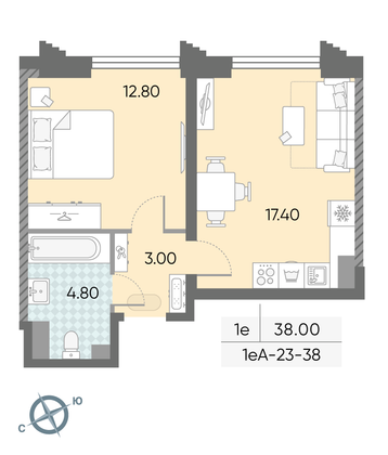 Продажа 1-комнатной квартиры 38 м², 38/58 этаж