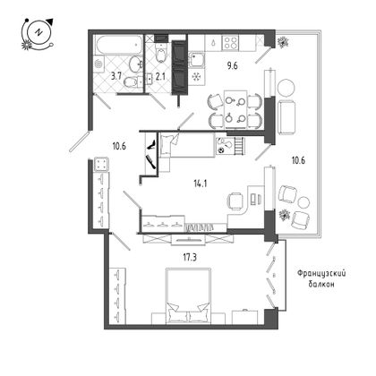 61,2 м², 2-комн. квартира, 4/12 этаж