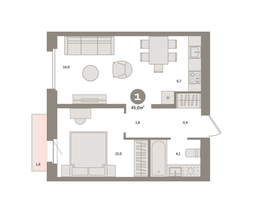 Продажа 1-комнатной квартиры 45,1 м², 2/7 этаж