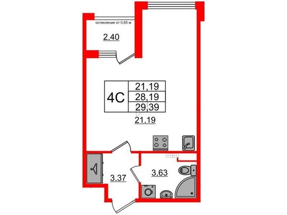 Продажа квартиры-студии 28,2 м², 2/4 этаж