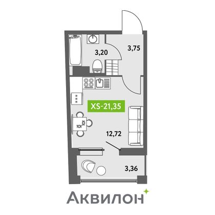 21,9 м², студия, 12/13 этаж