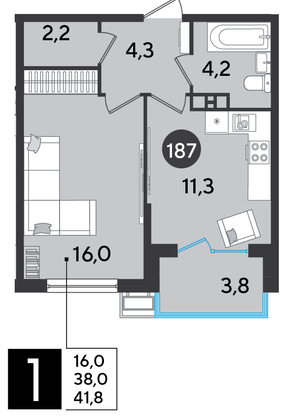 Продажа 1-комнатной квартиры 41,8 м², 6/9 этаж