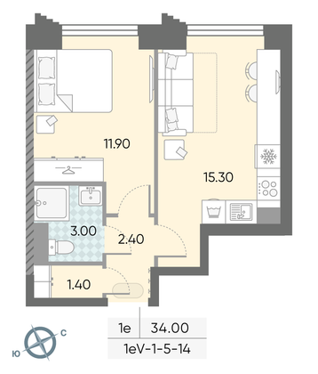 Продажа 1-комнатной квартиры 34 м², 13/58 этаж