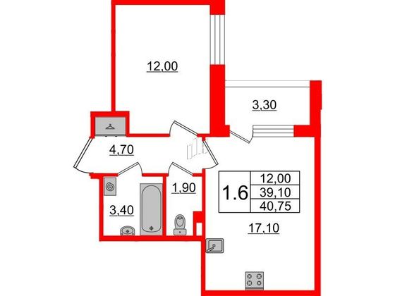 Продажа 1-комнатной квартиры 39,1 м², 3/4 этаж