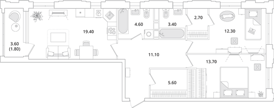 74,6 м², 2-комн. квартира, 10/13 этаж