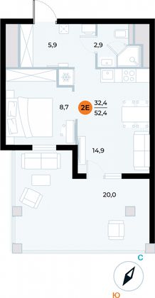 52,4 м², 1-комн. квартира, 2/6 этаж