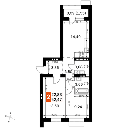 52,5 м², 2-комн. квартира, 4/4 этаж