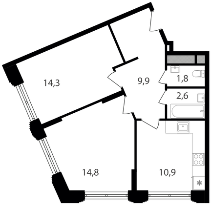 54,3 м², 2-комн. квартира, 7/9 этаж