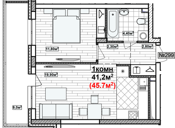 Продажа 1-комнатной квартиры 45,7 м², 11/19 этаж