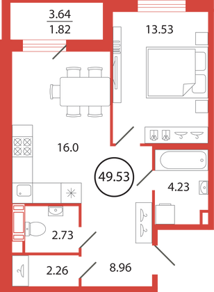 Продажа 1-комнатной квартиры 49,5 м², 12/12 этаж