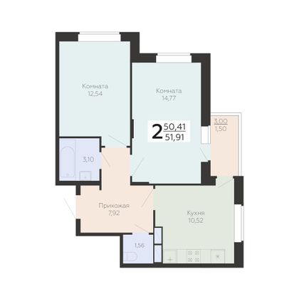 Продажа 2-комнатной квартиры 51,9 м², 6/19 этаж
