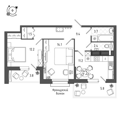 59,5 м², 2-комн. квартира, 9/12 этаж