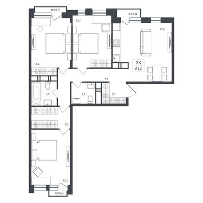 81,6 м², 3-комн. квартира, 6/8 этаж