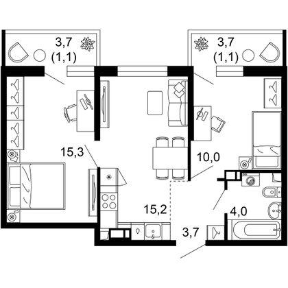 51,5 м², 2-комн. квартира, 4/12 этаж