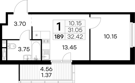 32,4 м², 1-комн. квартира, 5/15 этаж