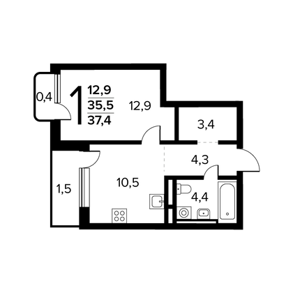 37,4 м², 1-комн. квартира, 13/14 этаж