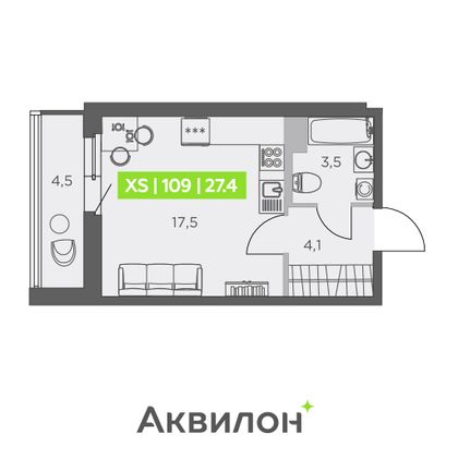 27,4 м², студия, 10/13 этаж