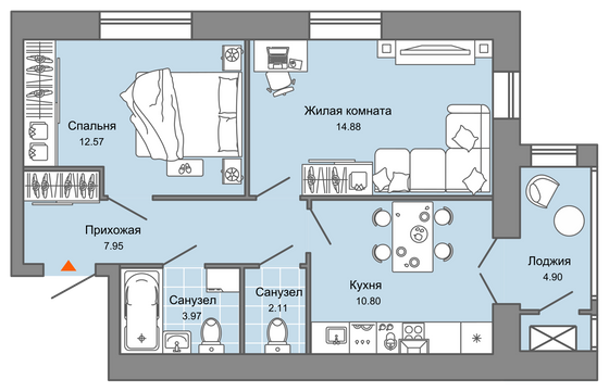 55 м², 2-комн. квартира, 8/8 этаж