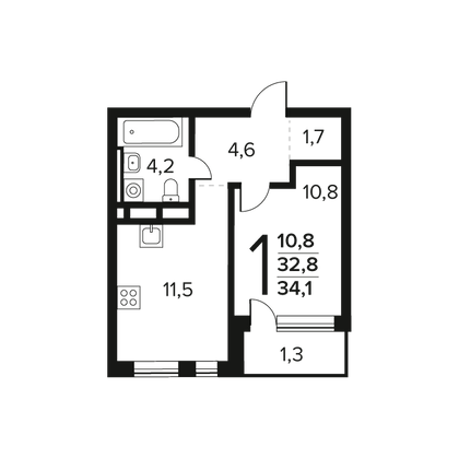 Продажа 1-комнатной квартиры 34,1 м², 3/12 этаж