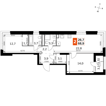 69,6 м², 3-комн. квартира, 2/44 этаж