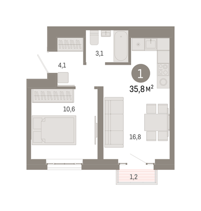 Продажа 1-комнатной квартиры 35,8 м², 18/31 этаж