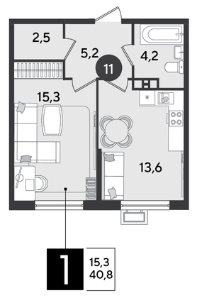 40,8 м², 1-комн. квартира, 3/9 этаж