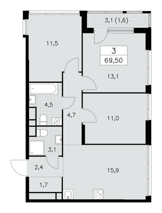 69,5 м², 3-комн. квартира, 30/30 этаж